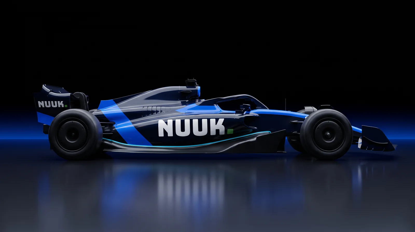 NUUK-liveried race car in a dark studio